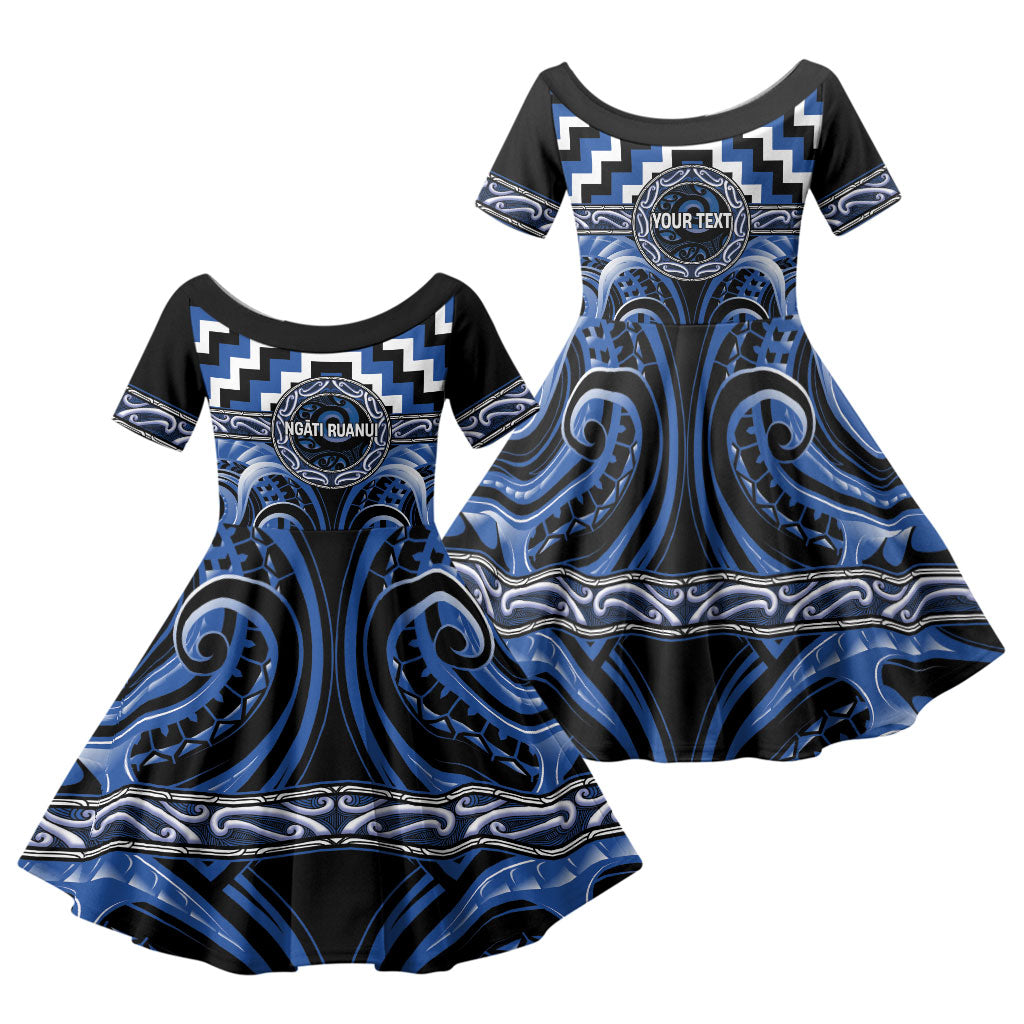 Aotearoa Ngati Ruanui Personalised Family Matching Long Sleeve Bodycon Dress and Hawaiian Shirt Maori Iwi Poutama Puhoro Tattoo LT14 Daughter's Dress Blue - Polynesian Pride