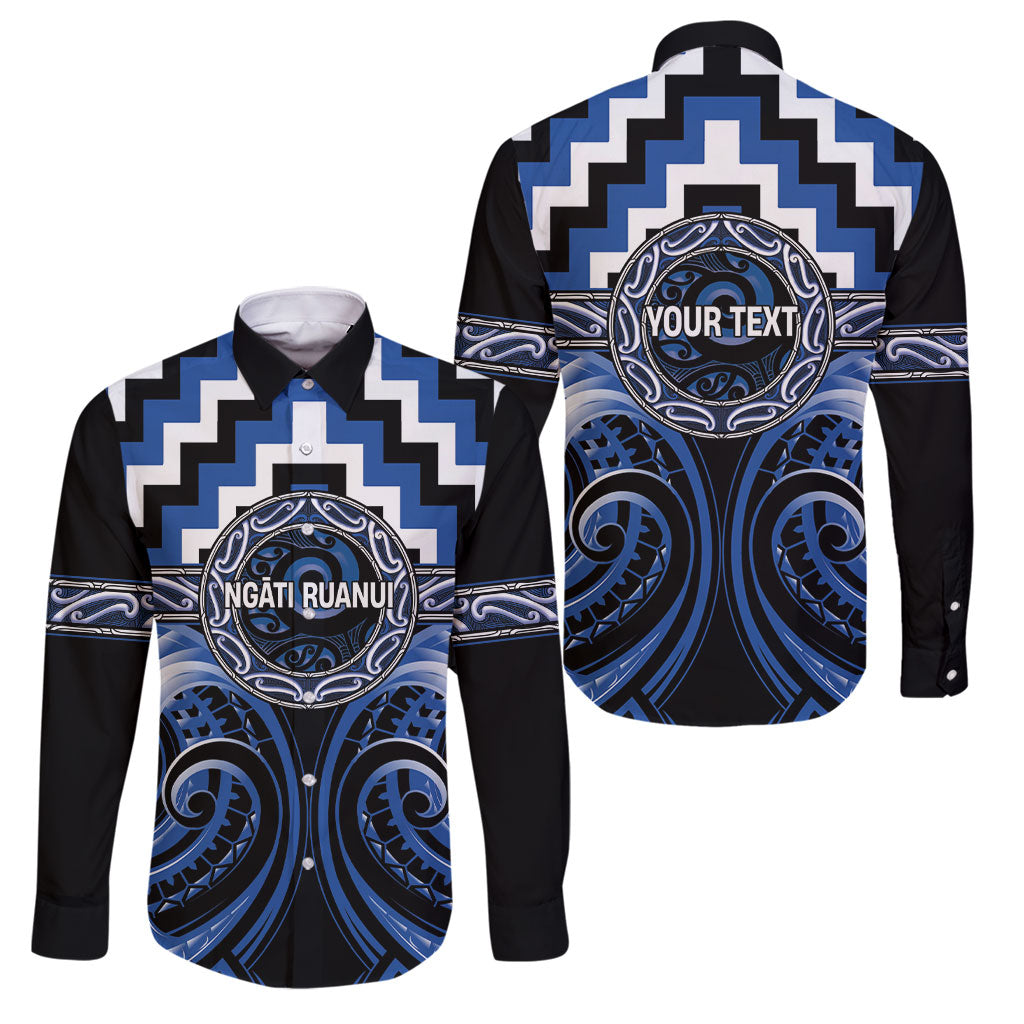 Aotearoa Ngati Ruanui Personalised Family Matching Off Shoulder Maxi Dress and Hawaiian Shirt Maori Iwi Poutama Puhoro Tattoo LT14 Dad's Shirt - Long Sleeve Blue - Polynesian Pride