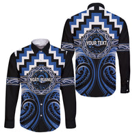 Aotearoa Ngati Ruanui Personalised Family Matching Off Shoulder Short Dress and Hawaiian Shirt Maori Iwi Poutama Puhoro Tattoo LT14 Dad's Shirt - Long Sleeve Blue - Polynesian Pride