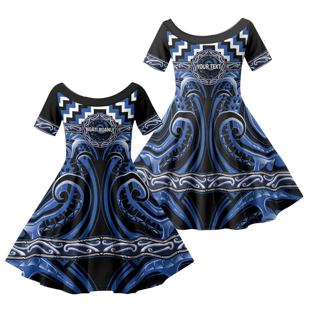 Aotearoa Ngati Ruanui Personalised Family Matching Tank Maxi Dress and Hawaiian Shirt Maori Iwi Poutama Puhoro Tattoo LT14 Daughter's Dress Blue - Polynesian Pride