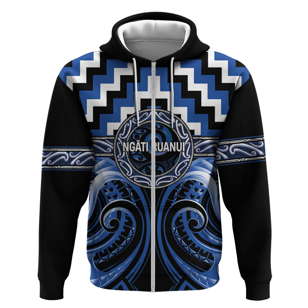 Aotearoa Ngati Ruanui Personalised Hoodie Maori Iwi Poutama Puhoro Tattoo LT14 Zip Hoodie Blue - Polynesian Pride