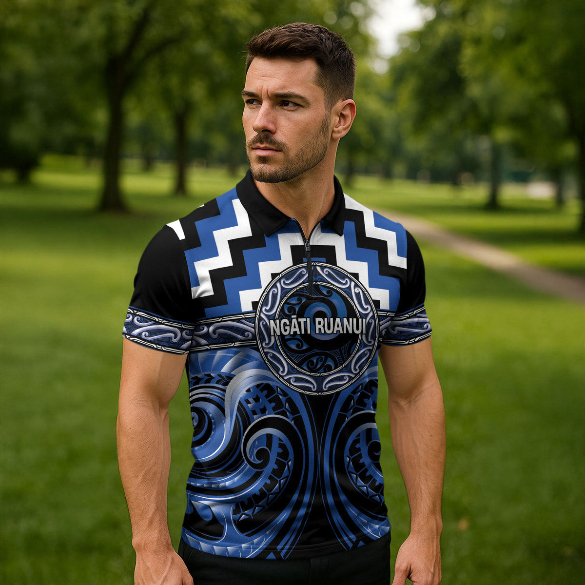 Aotearoa Ngati Ruanui Personalised Zipper Polo Shirt Maori Iwi Poutama Puhoro Tattoo LT14 - Polynesian Pride