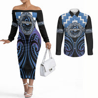 Aotearoa Ngaruahine Personalised Couples Matching Off The Shoulder Long Sleeve Dress and Long Sleeve Button Shirt Maori Iwi Poutama Puhoro Tattoo LT14 Blue - Polynesian Pride