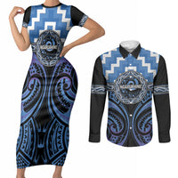 Aotearoa Ngaruahine Personalised Couples Matching Short Sleeve Bodycon Dress and Long Sleeve Button Shirt Maori Iwi Poutama Puhoro Tattoo LT14 Blue - Polynesian Pride