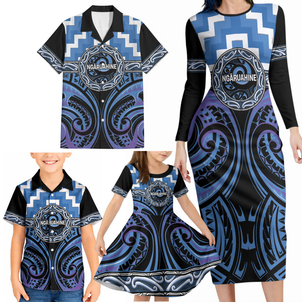 Aotearoa Ngaruahine Personalised Family Matching Long Sleeve Bodycon Dress and Hawaiian Shirt Maori Iwi Poutama Puhoro Tattoo LT14 - Polynesian Pride