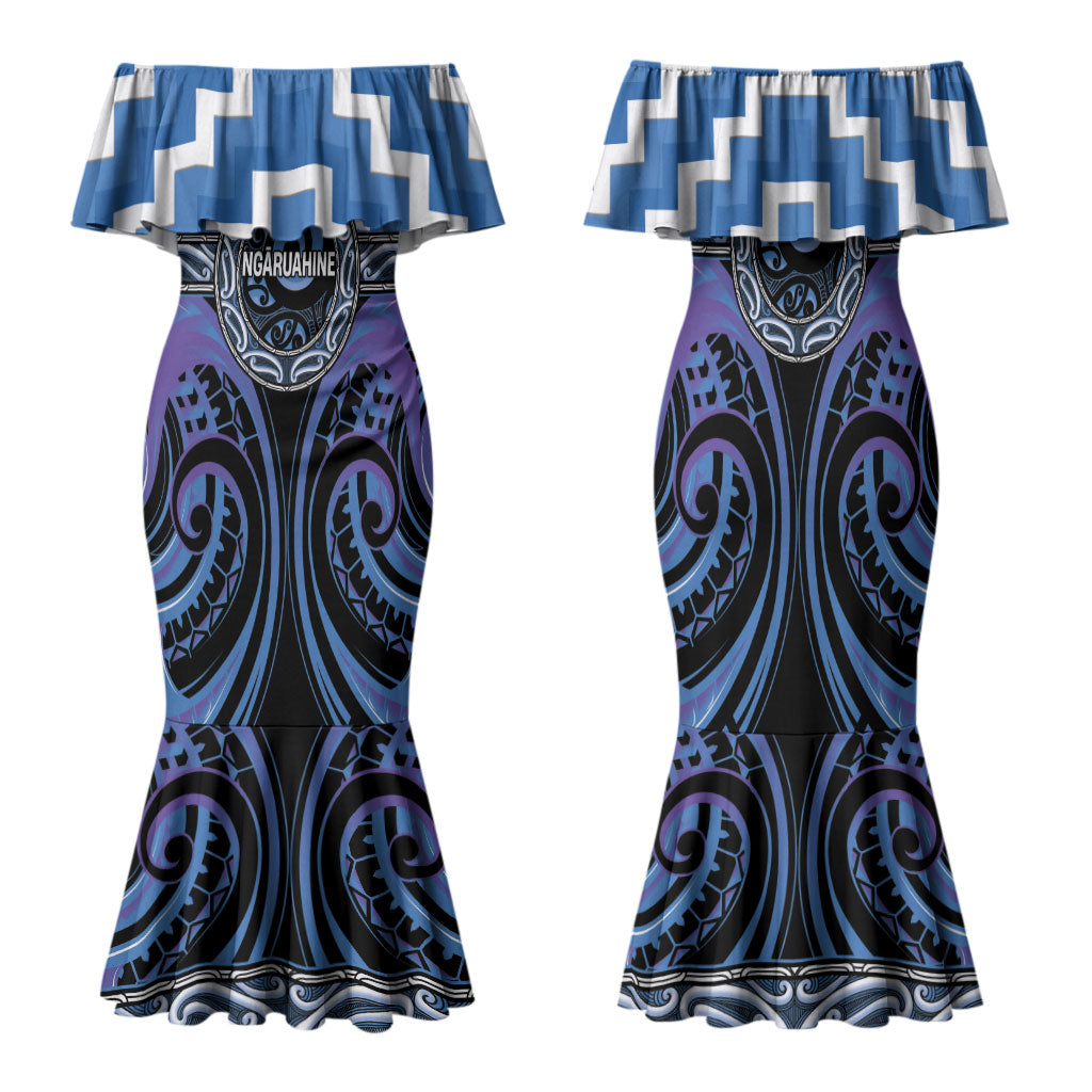 Aotearoa Ngaruahine Personalised Family Matching Mermaid Dress and Hawaiian Shirt Maori Iwi Poutama Puhoro Tattoo LT14 Mom's Dress Blue - Polynesian Pride