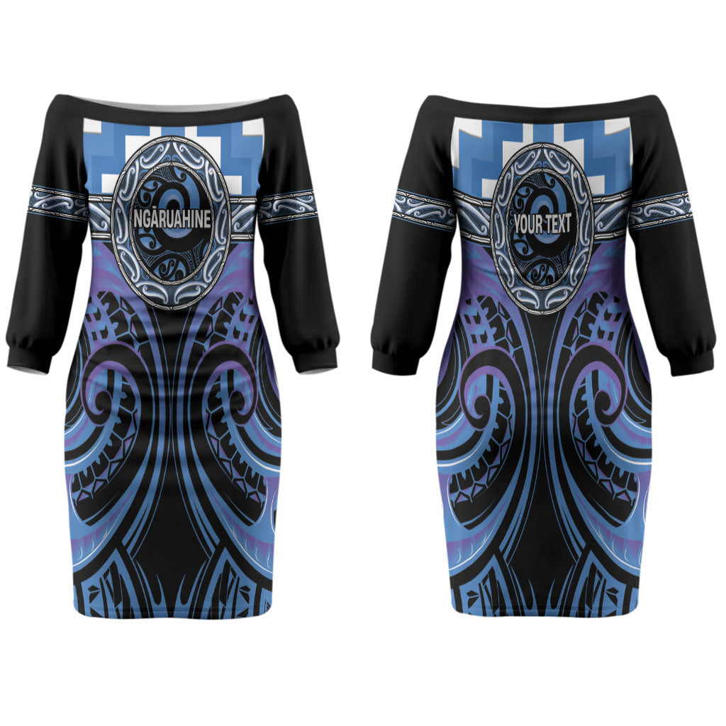 Aotearoa Ngaruahine Personalised Family Matching Off The Shoulder Long Sleeve Dress and Hawaiian Shirt Maori Iwi Poutama Puhoro Tattoo LT14 Mom's Dress Blue - Polynesian Pride