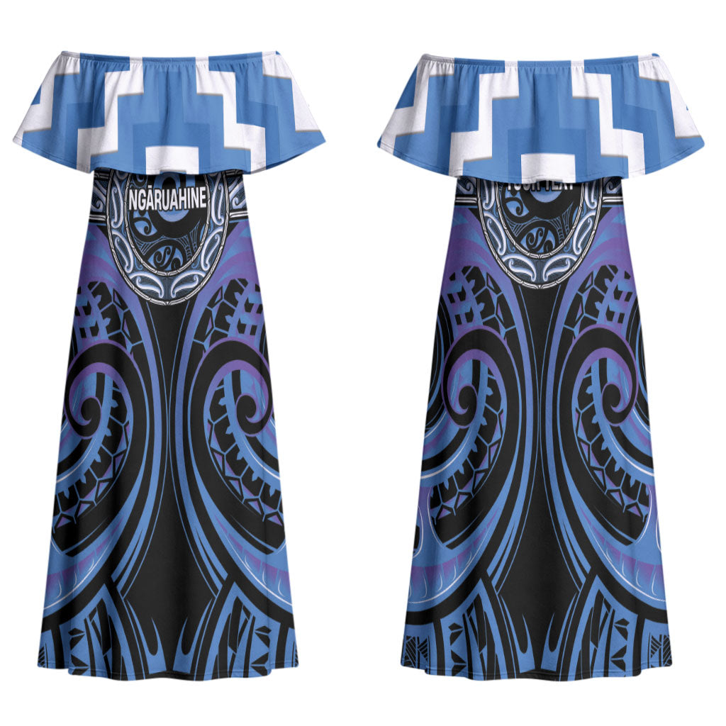 Aotearoa Ngaruahine Personalised Family Matching Off Shoulder Maxi Dress and Hawaiian Shirt Maori Iwi Poutama Puhoro Tattoo LT14 Mom's Dress Blue - Polynesian Pride