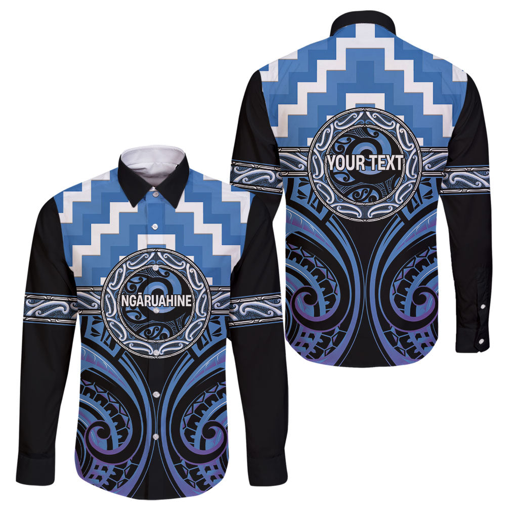 Aotearoa Ngaruahine Personalised Family Matching Off Shoulder Maxi Dress and Hawaiian Shirt Maori Iwi Poutama Puhoro Tattoo LT14 Dad's Shirt - Long Sleeve Blue - Polynesian Pride
