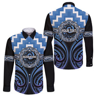 Aotearoa Ngaruahine Personalised Family Matching Off Shoulder Short Dress and Hawaiian Shirt Maori Iwi Poutama Puhoro Tattoo LT14 Dad's Shirt - Long Sleeve Blue - Polynesian Pride