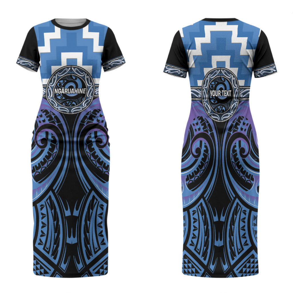 Aotearoa Ngaruahine Personalised Family Matching Short Sleeve Bodycon Dress and Hawaiian Shirt Maori Iwi Poutama Puhoro Tattoo LT14 Mom's Dress Blue - Polynesian Pride