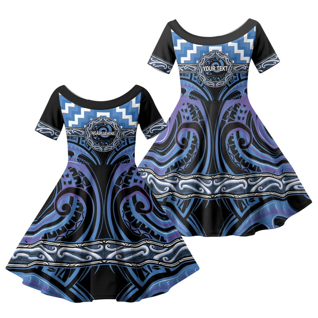 Aotearoa Ngaruahine Personalised Family Matching Summer Maxi Dress and Hawaiian Shirt Maori Iwi Poutama Puhoro Tattoo LT14 Daughter's Dress Blue - Polynesian Pride