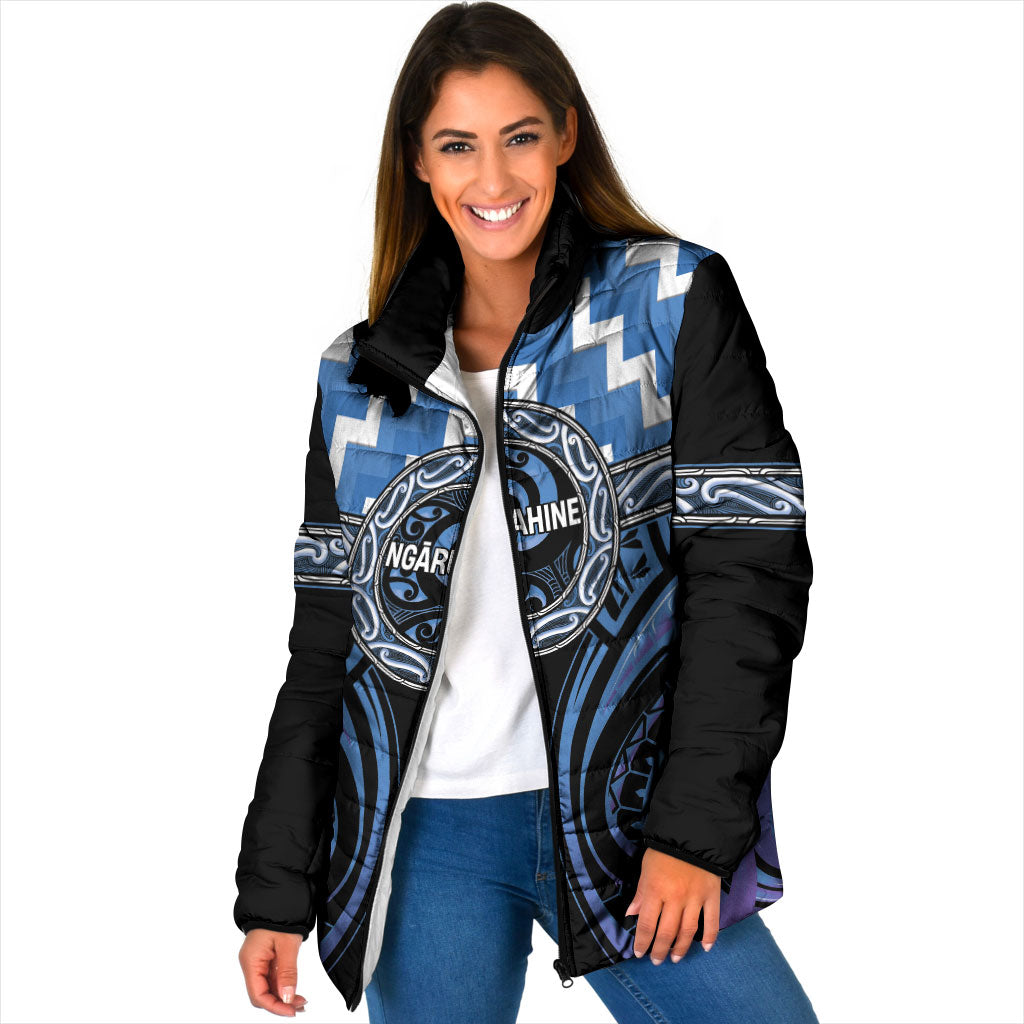 Aotearoa Ngaruahine Personalised Padded Jacket Maori Iwi Poutama Puhoro Tattoo LT14 Women Blue - Polynesian Pride