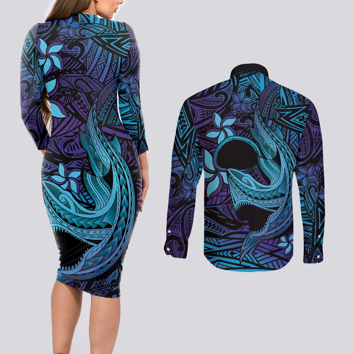 Nukuoro Atoll Couples Matching Long Sleeve Bodycon Dress and Long Sleeve Button Shirt Polynesian Shark Tattoo Purple Gradient Vibes