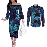 Nukuoro Atoll Couples Matching Off The Shoulder Long Sleeve Dress and Long Sleeve Button Shirt Polynesian Shark Tattoo Purple Gradient Vibes
