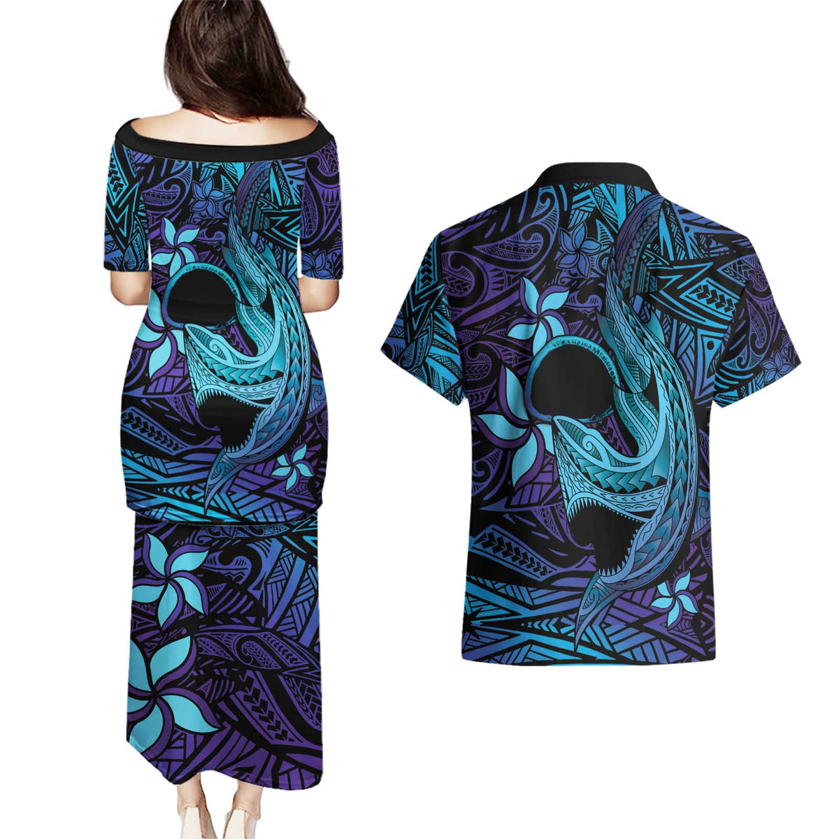 Nukuoro Atoll Couples Matching Puletasi and Hawaiian Shirt Polynesian Shark Tattoo Purple Gradient Vibes