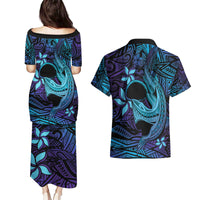 Nukuoro Atoll Couples Matching Puletasi and Hawaiian Shirt Polynesian Shark Tattoo Purple Gradient Vibes