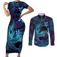 Nukuoro Atoll Couples Matching Short Sleeve Bodycon Dress and Long Sleeve Button Shirt Polynesian Shark Tattoo Purple Gradient Vibes