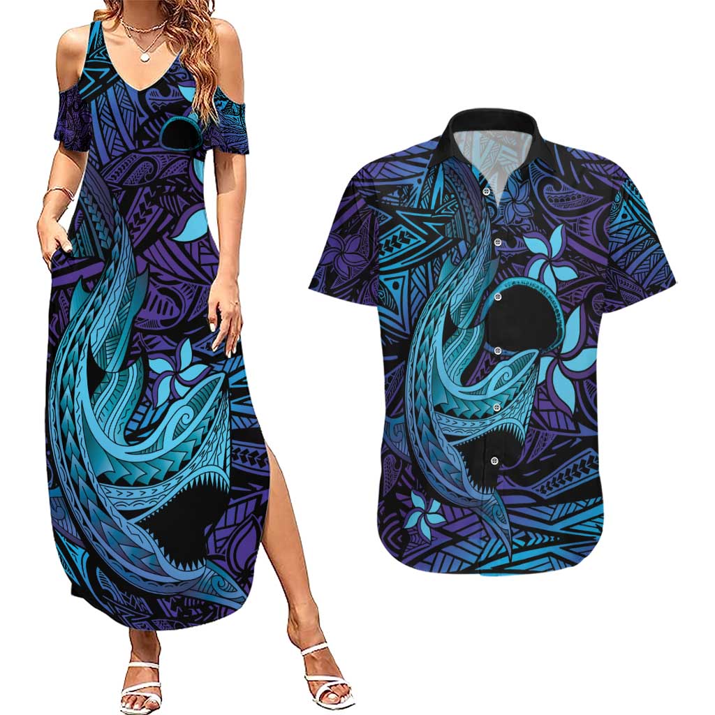 Nukuoro Atoll Couples Matching Summer Maxi Dress and Hawaiian Shirt Polynesian Shark Tattoo Purple Gradient Vibes