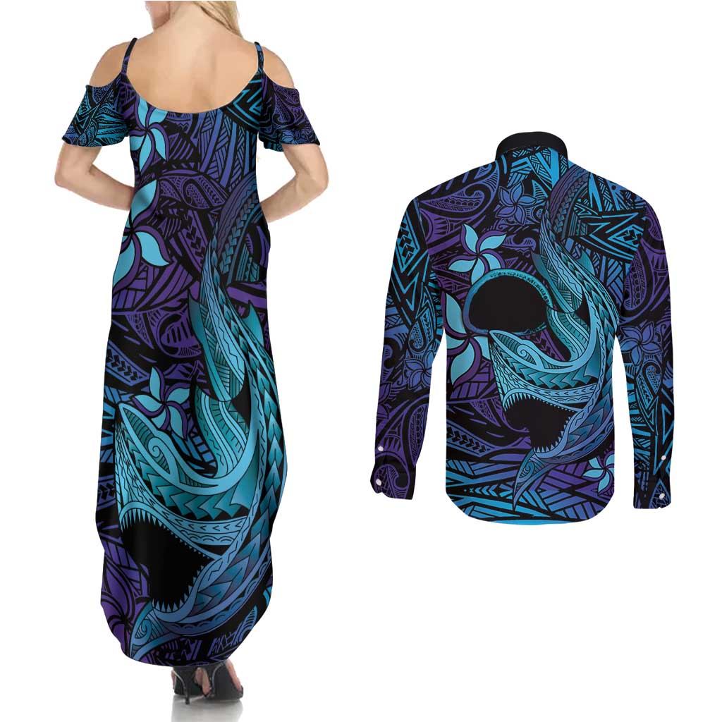 Nukuoro Atoll Couples Matching Summer Maxi Dress and Long Sleeve Button Shirt Polynesian Shark Tattoo Purple Gradient Vibes