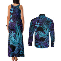 Nukuoro Atoll Couples Matching Tank Maxi Dress and Long Sleeve Button Shirt Polynesian Shark Tattoo Purple Gradient Vibes