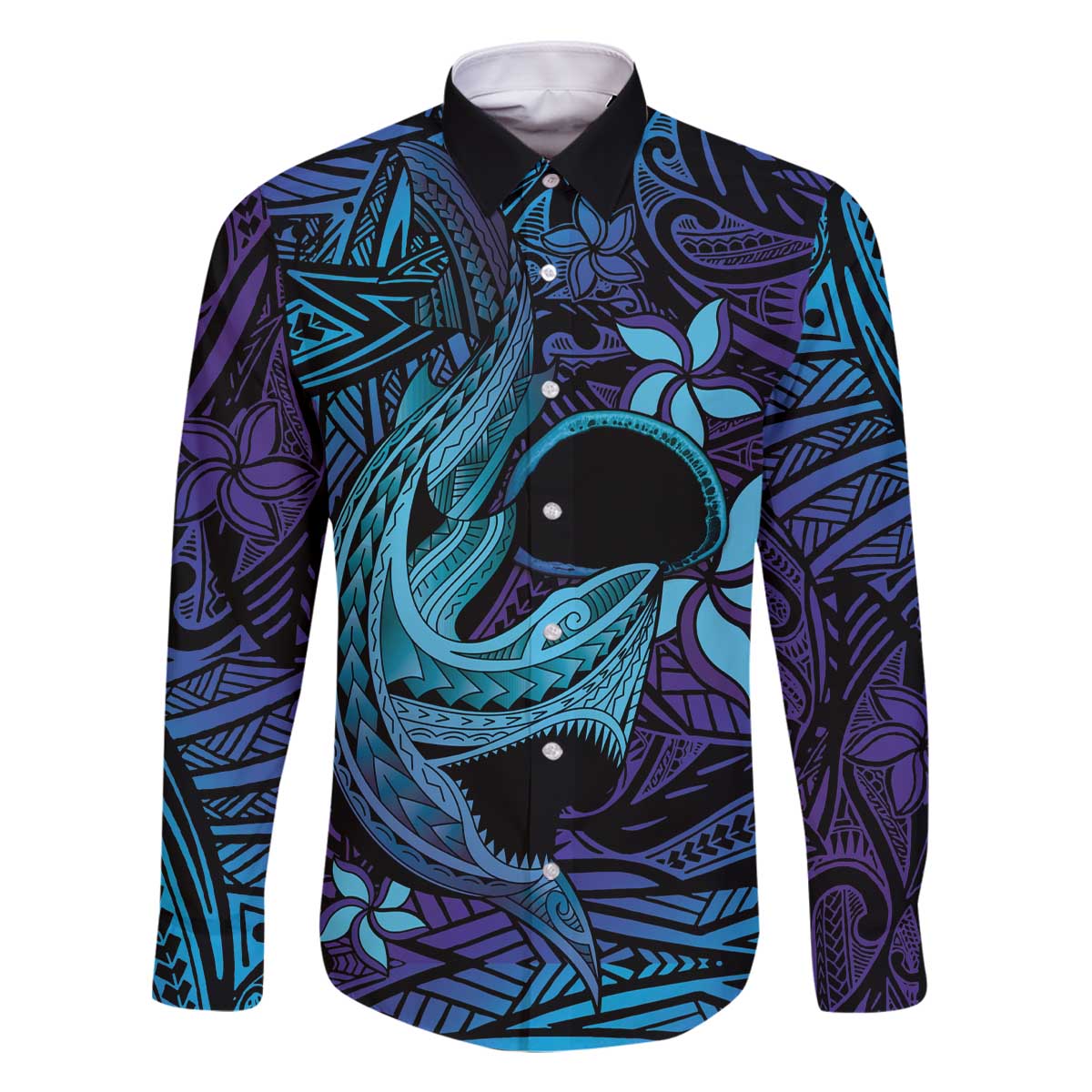 Nukuoro Atoll Family Matching Off The Shoulder Long Sleeve Dress and Hawaiian Shirt Polynesian Shark Tattoo Purple Gradient Vibes LT14 Dad's Shirt - Long Sleeve Purple - Polynesian Pride