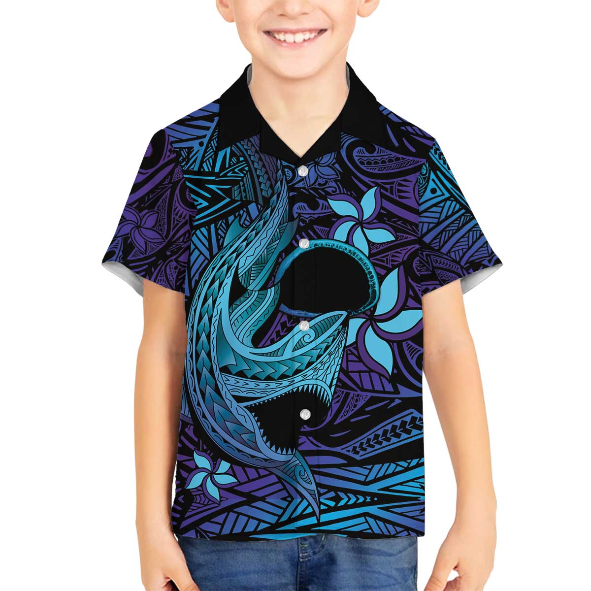 Nukuoro Atoll Family Matching Off The Shoulder Long Sleeve Dress and Hawaiian Shirt Polynesian Shark Tattoo Purple Gradient Vibes LT14 Son's Shirt Purple - Polynesian Pride