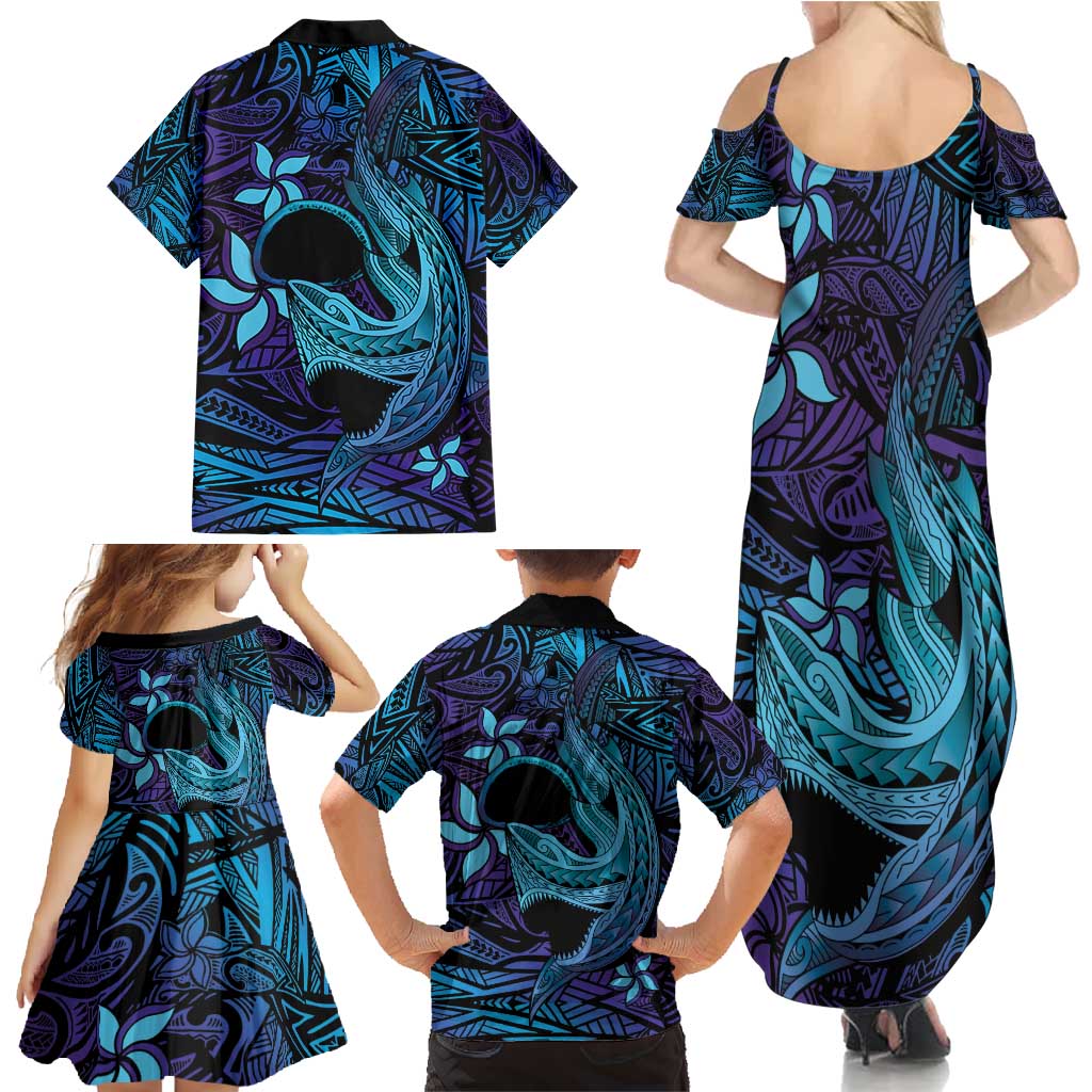 Nukuoro Atoll Family Matching Summer Maxi Dress and Hawaiian Shirt Polynesian Shark Tattoo Purple Gradient Vibes