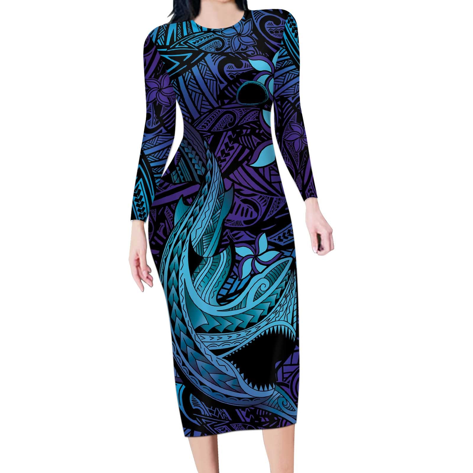 Nukuoro Atoll Long Sleeve Bodycon Dress Polynesian Shark Tattoo Purple Gradient Vibes LT14 Long Dress Purple - Polynesian Pride