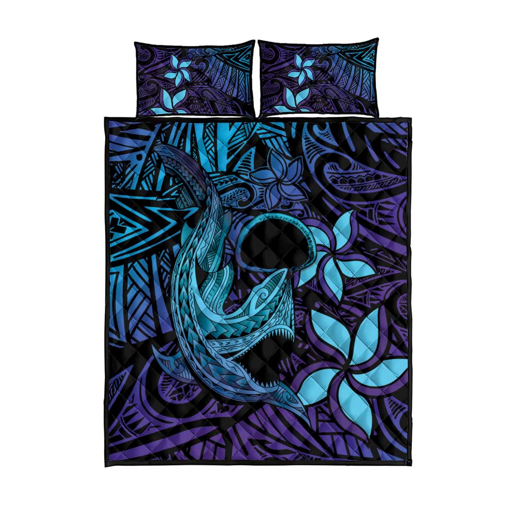 Nukuoro Atoll Quilt Bed Set Polynesian Shark Tattoo Purple Gradient Vibes