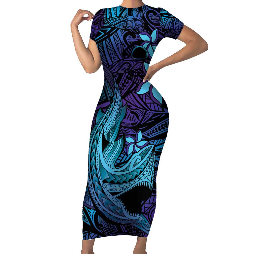 Nukuoro Atoll Short Sleeve Bodycon Dress Polynesian Shark Tattoo Purple Gradient Vibes LT14 Long Dress Purple - Polynesian Pride