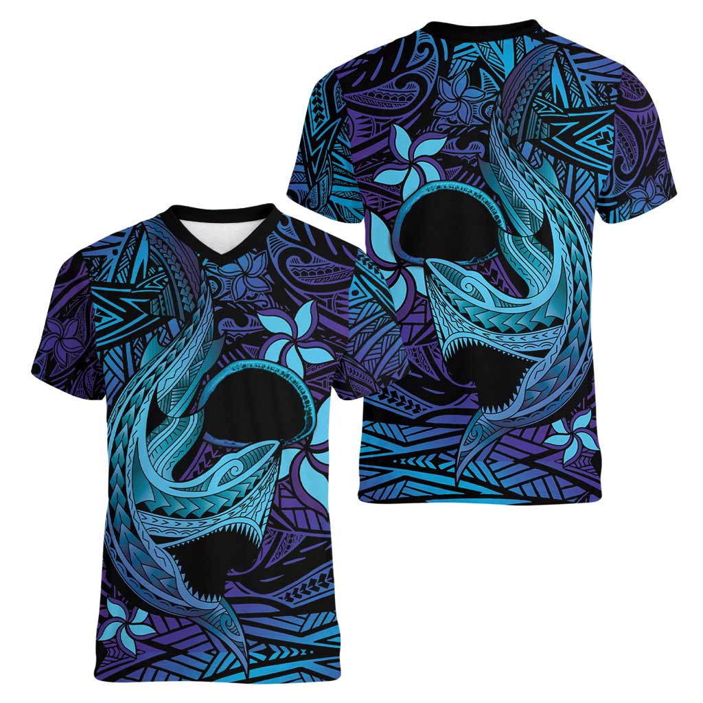 Nukuoro Atoll Women V-Neck T-Shirt Polynesian Shark Tattoo Purple Gradient Vibes