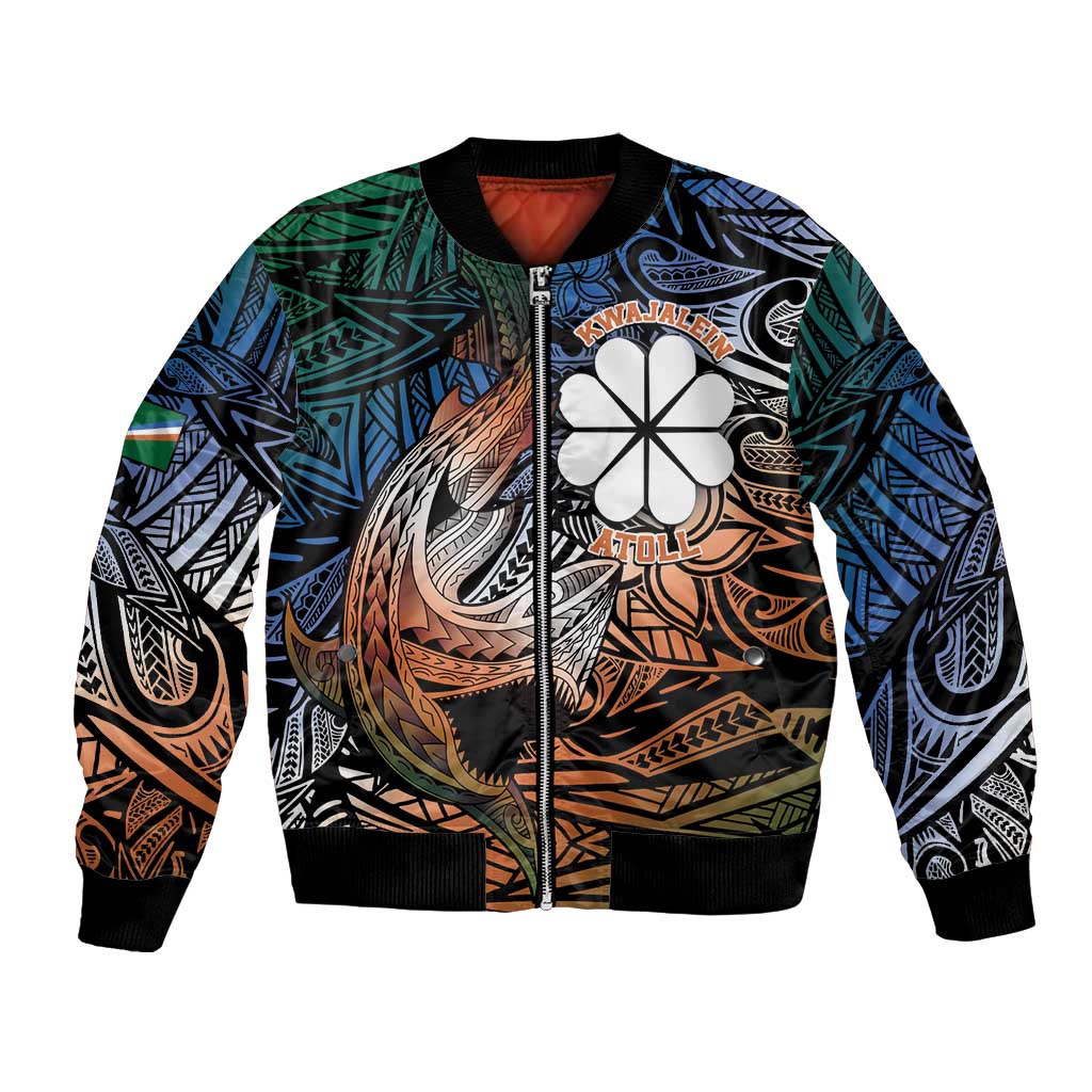 Personalised Kwajalein Atoll Bomber Jacket Polynesian Shark Tattoo Gradient Vibes LT14 Unisex Black - Polynesian Pride