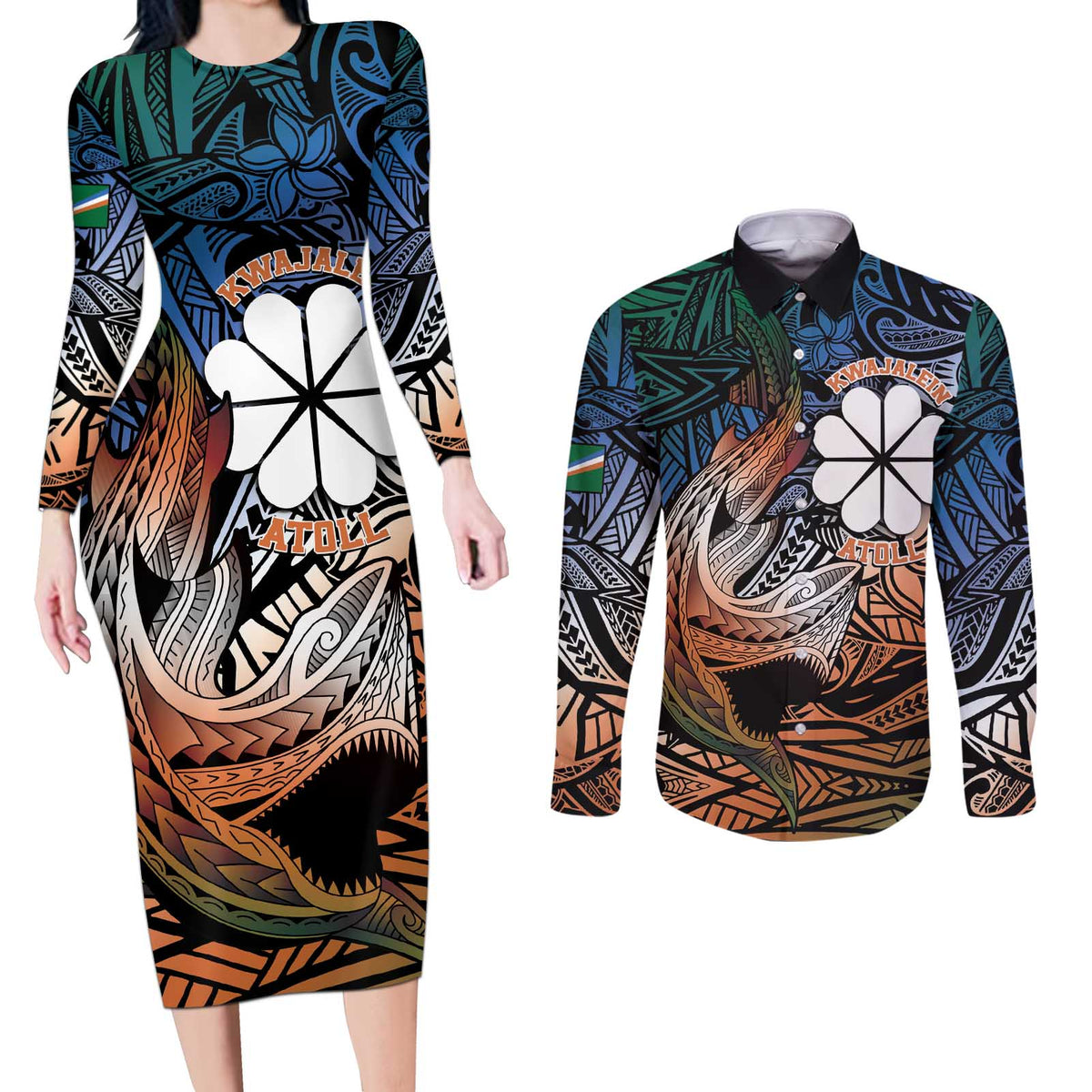 Personalised Kwajalein Atoll Couples Matching Long Sleeve Bodycon Dress and Long Sleeve Button Shirt Polynesian Shark Tattoo Gradient Vibes