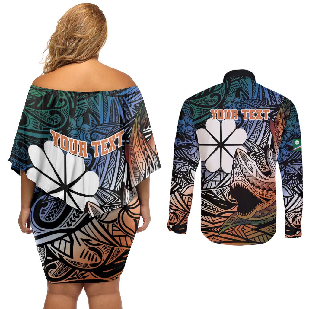 Personalised Kwajalein Atoll Couples Matching Off Shoulder Short Dress and Long Sleeve Button Shirt Polynesian Shark Tattoo Gradient Vibes
