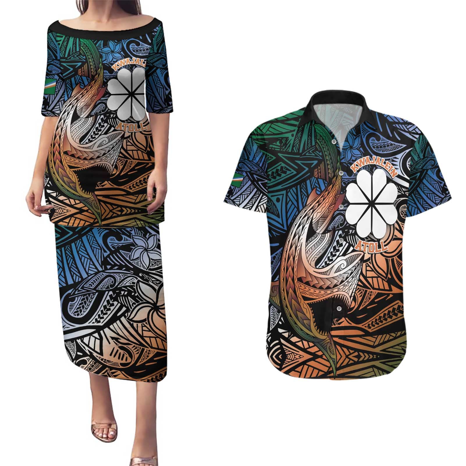 Personalised Kwajalein Atoll Couples Matching Puletasi and Hawaiian Shirt Polynesian Shark Tattoo Gradient Vibes