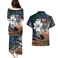 Personalised Kwajalein Atoll Couples Matching Puletasi and Hawaiian Shirt Polynesian Shark Tattoo Gradient Vibes