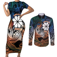 Personalised Kwajalein Atoll Couples Matching Short Sleeve Bodycon Dress and Long Sleeve Button Shirt Polynesian Shark Tattoo Gradient Vibes