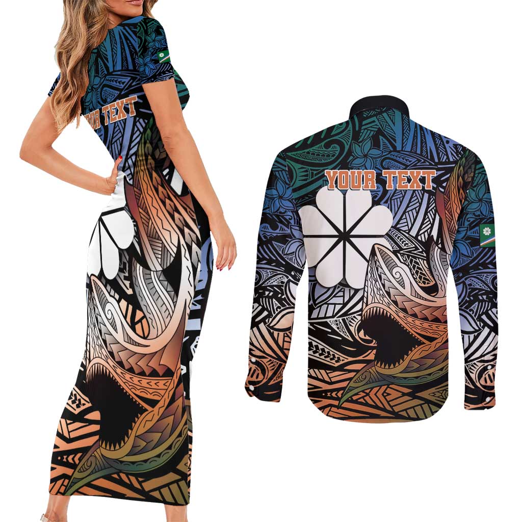 Personalised Kwajalein Atoll Couples Matching Short Sleeve Bodycon Dress and Long Sleeve Button Shirt Polynesian Shark Tattoo Gradient Vibes