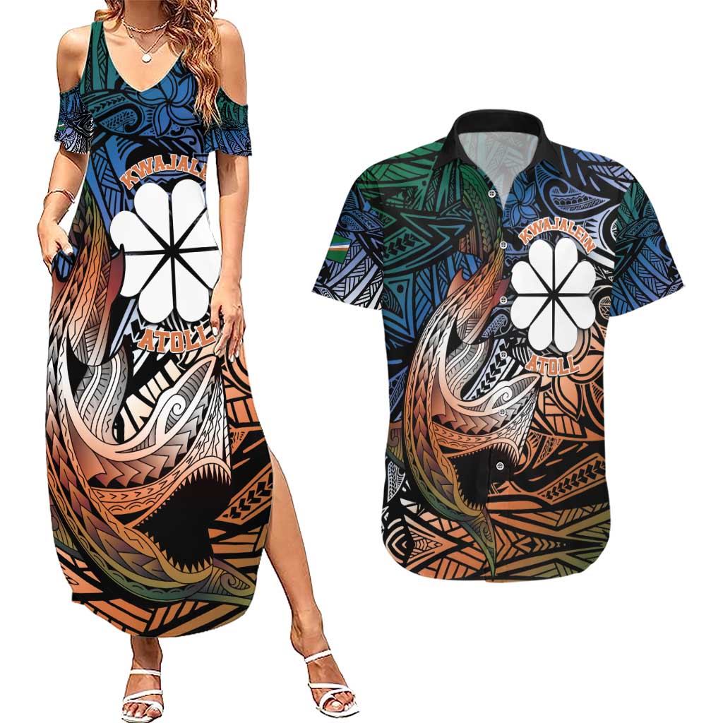 Personalised Kwajalein Atoll Couples Matching Summer Maxi Dress and Hawaiian Shirt Polynesian Shark Tattoo Gradient Vibes