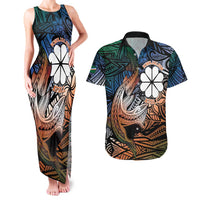 Personalised Kwajalein Atoll Couples Matching Tank Maxi Dress and Hawaiian Shirt Polynesian Shark Tattoo Gradient Vibes