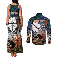 Personalised Kwajalein Atoll Couples Matching Tank Maxi Dress and Long Sleeve Button Shirt Polynesian Shark Tattoo Gradient Vibes