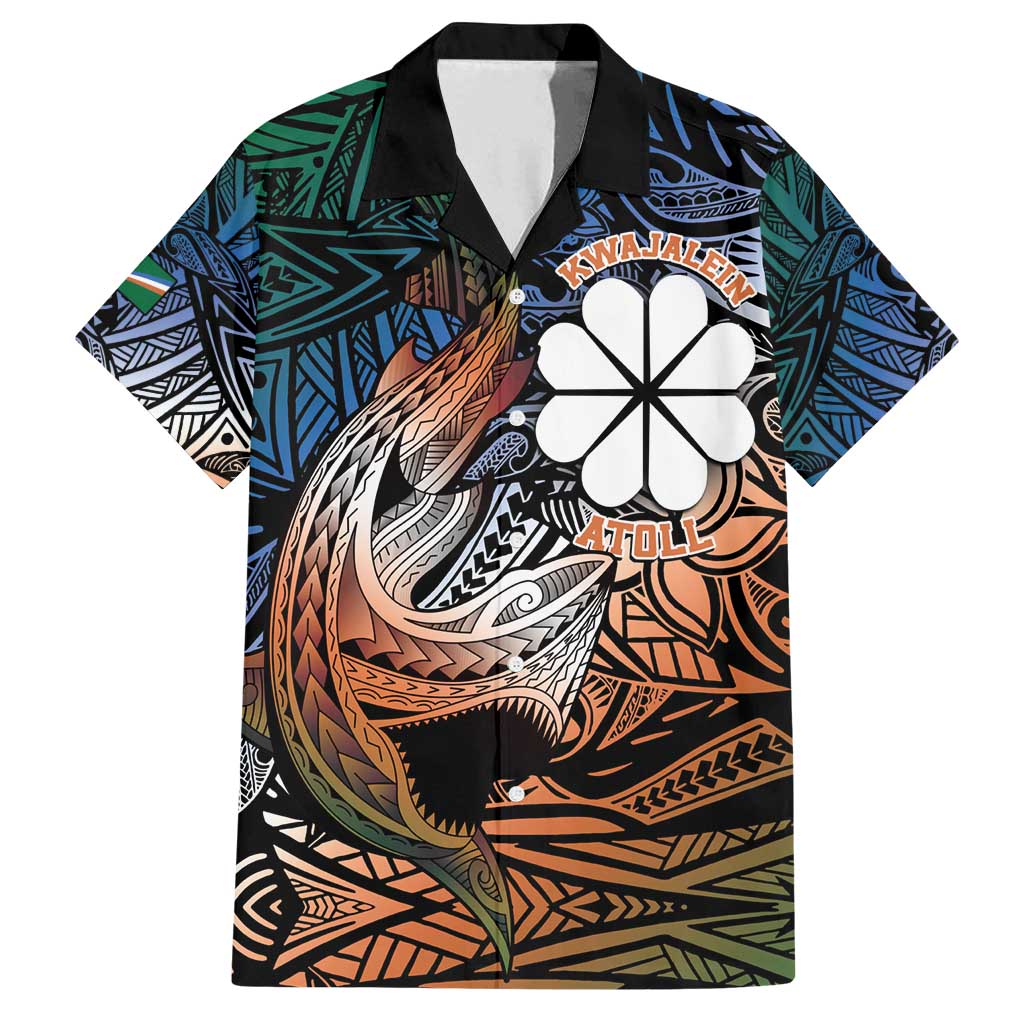 Personalised Kwajalein Atoll Family Matching Long Sleeve Bodycon Dress and Hawaiian Shirt Polynesian Shark Tattoo Gradient Vibes LT14 Dad's Shirt - Short Sleeve Black - Polynesian Pride