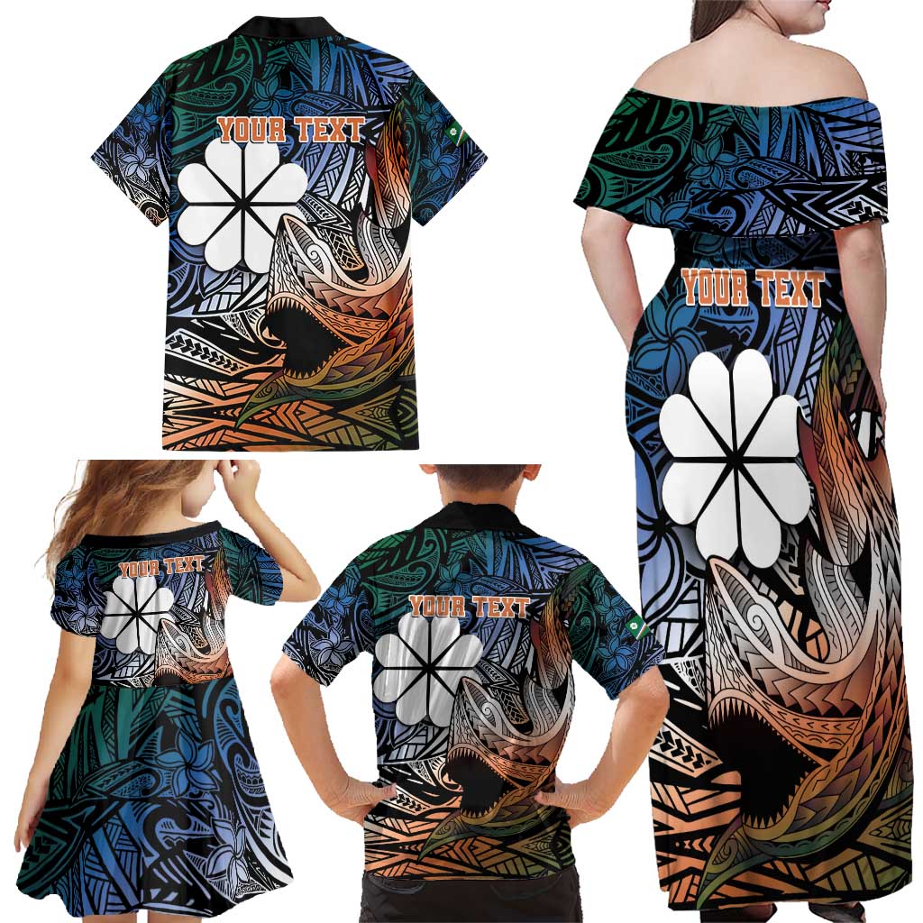 Personalised Kwajalein Atoll Family Matching Off Shoulder Maxi Dress and Hawaiian Shirt Polynesian Shark Tattoo Gradient Vibes