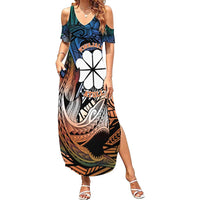 Personalised Kwajalein Atoll Family Matching Summer Maxi Dress and Hawaiian Shirt Polynesian Shark Tattoo Gradient Vibes