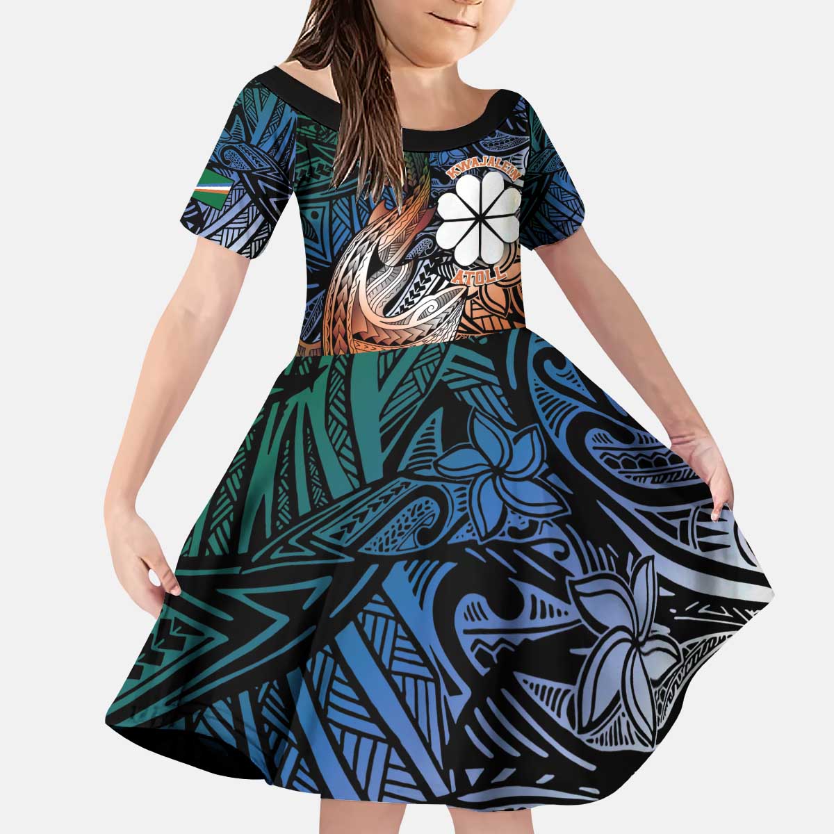 Personalised Kwajalein Atoll Kid Short Sleeve Dress Polynesian Shark Tattoo Gradient Vibes