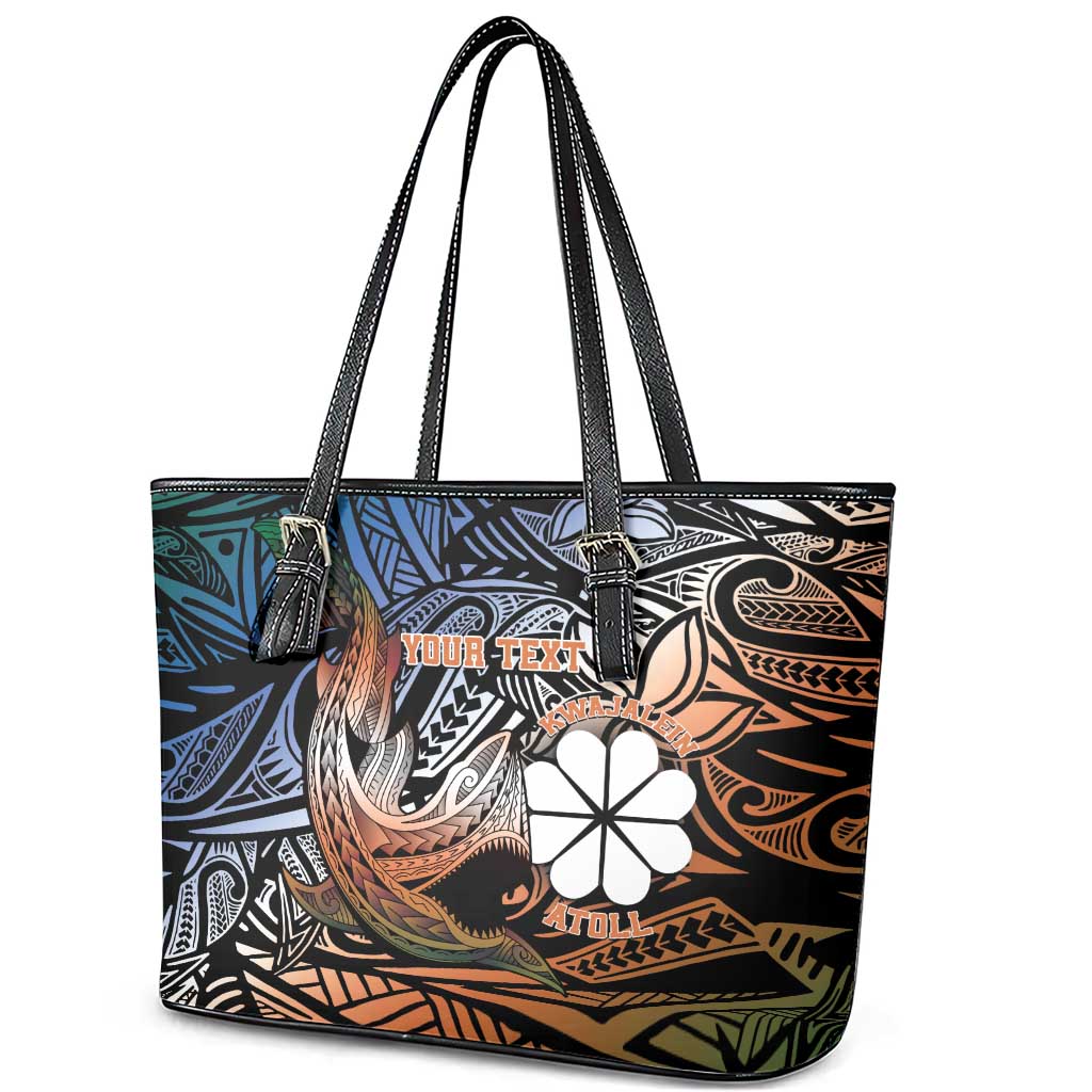 Personalised Kwajalein Atoll Leather Tote Bag Polynesian Shark Tattoo Gradient Vibes