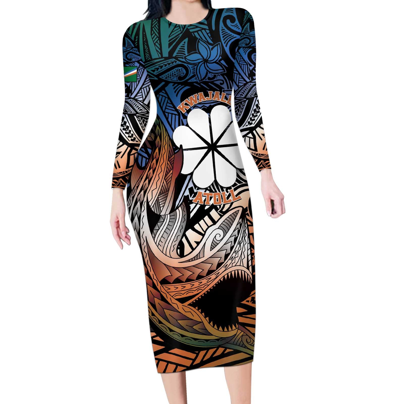Personalised Kwajalein Atoll Long Sleeve Bodycon Dress Polynesian Shark Tattoo Gradient Vibes LT14 Long Dress Black - Polynesian Pride