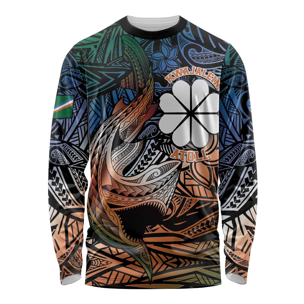 Personalised Kwajalein Atoll Long Sleeve Shirt Polynesian Shark Tattoo Gradient Vibes LT14 Unisex Black - Polynesian Pride