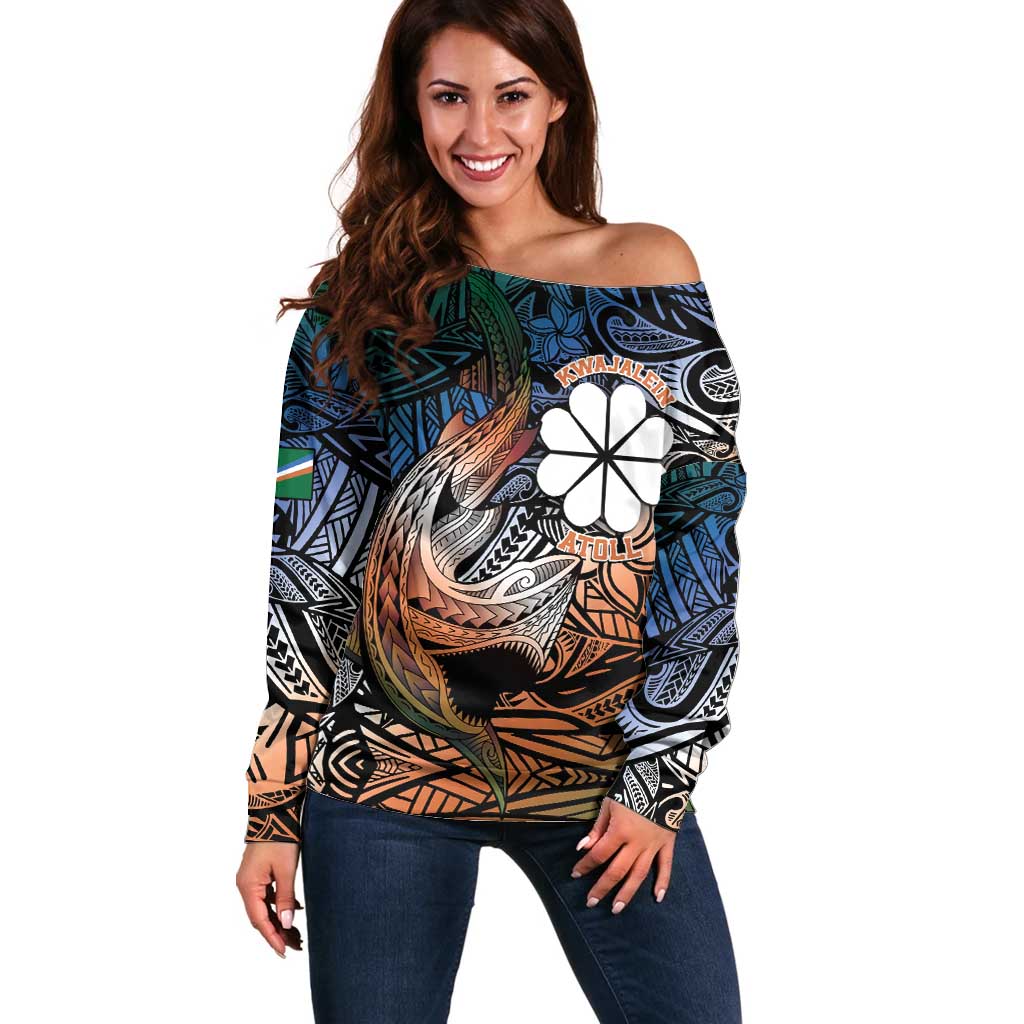 Personalised Kwajalein Atoll Off Shoulder Sweater Polynesian Shark Tattoo Gradient Vibes LT14 Women Black - Polynesian Pride